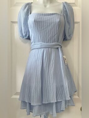 Light Blue Puff-Sleeve Square-Neck Mini Dress